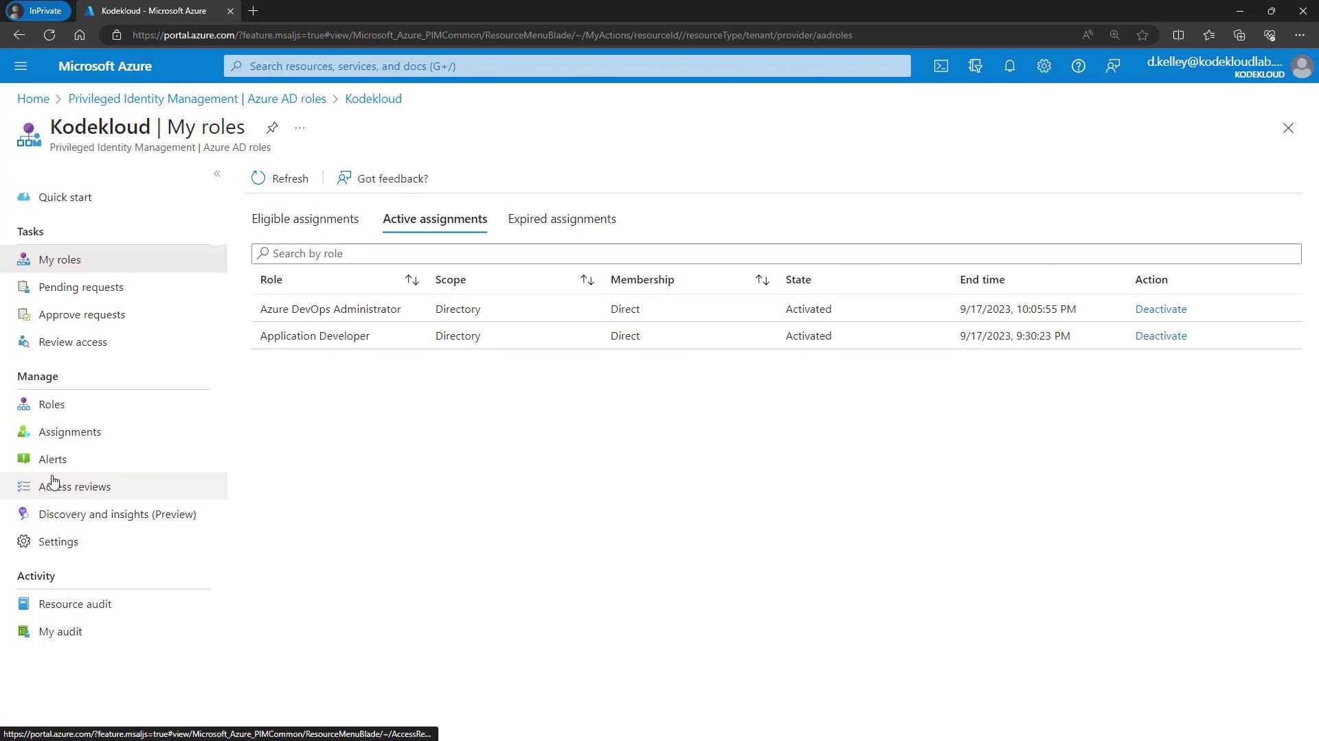 The image shows the Microsoft Azure portal displaying active role assignments for a user, including "Azure DevOps Administrator" and "Application Developer," both in an activated state.