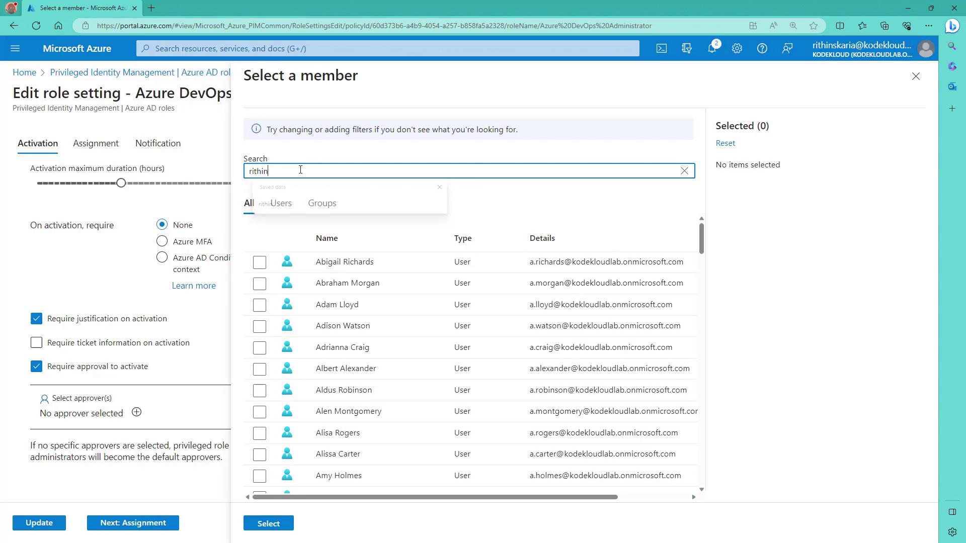 The image shows a Microsoft Azure portal interface for editing role settings in Azure DevOps, with a list of users displayed for selection. The interface includes options for activation requirements and justification settings.