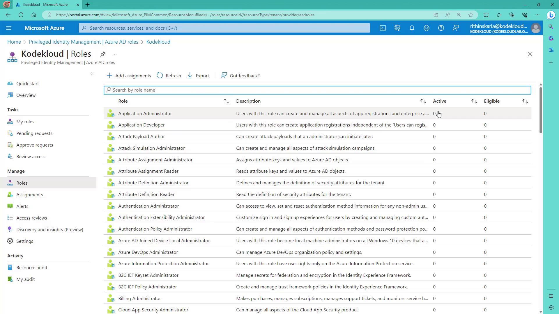 The image shows a Microsoft Azure portal interface displaying a list of roles under "Kodekloud | Roles" with descriptions and columns for active and eligible users. The sidebar includes options for tasks and management related to roles and assignments.