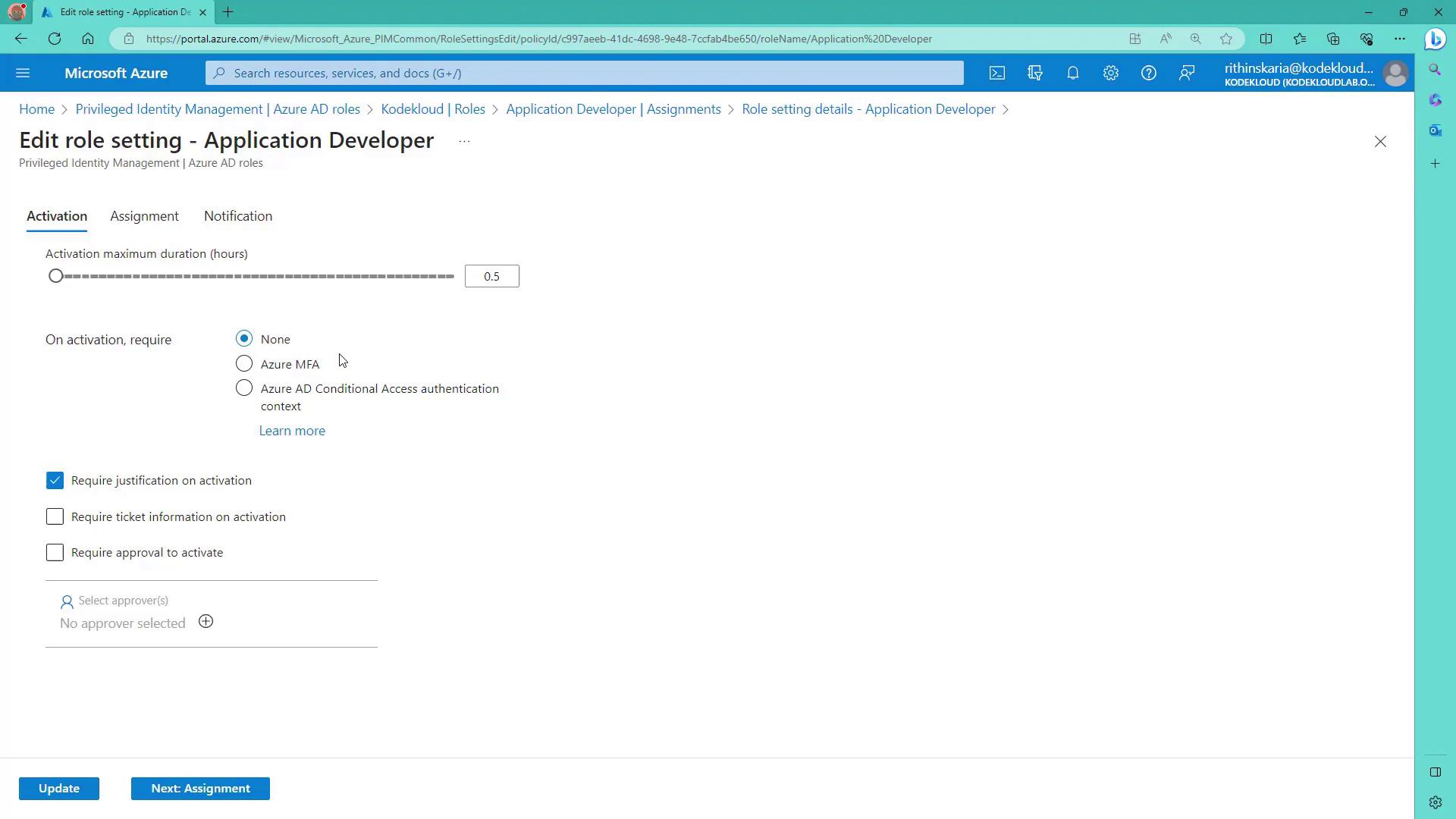 The image shows the "Edit role setting" page for an "Application Developer" in Microsoft Azure, where activation settings such as duration and requirements are configured. Options include requiring justification, ticket information, and approval for activation.
