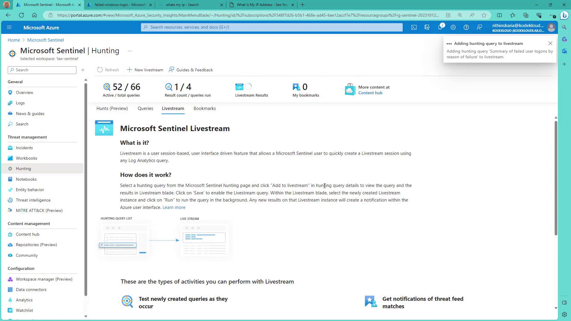 The image shows a Microsoft Azure interface for Microsoft Sentinel, specifically the Livestream feature, which allows users to create and manage Livestream sessions using Log Analytics queries.