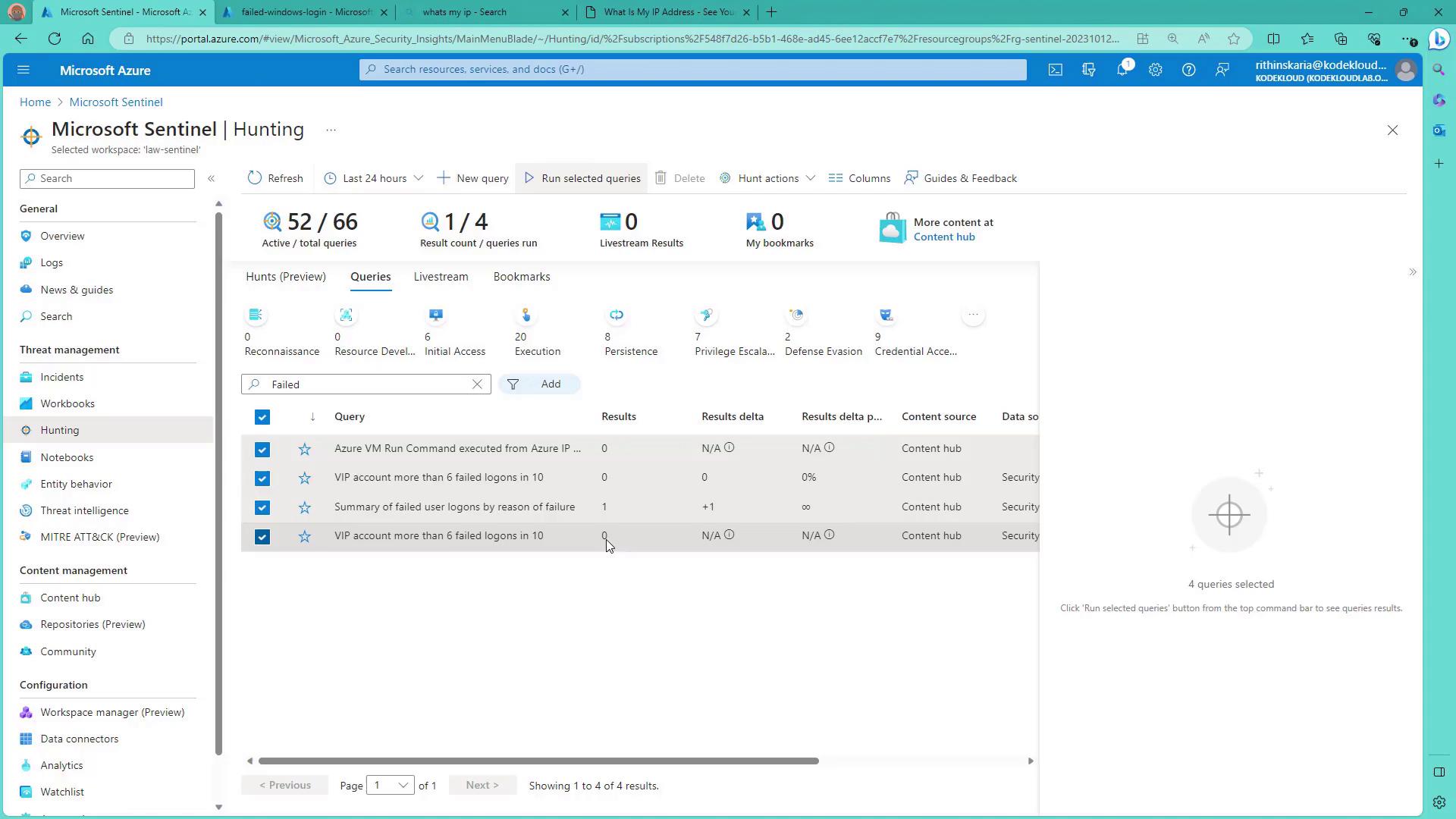 The image shows a Microsoft Sentinel dashboard with a focus on the "Hunting" section, displaying a list of security queries related to failed logins and Azure VM commands.