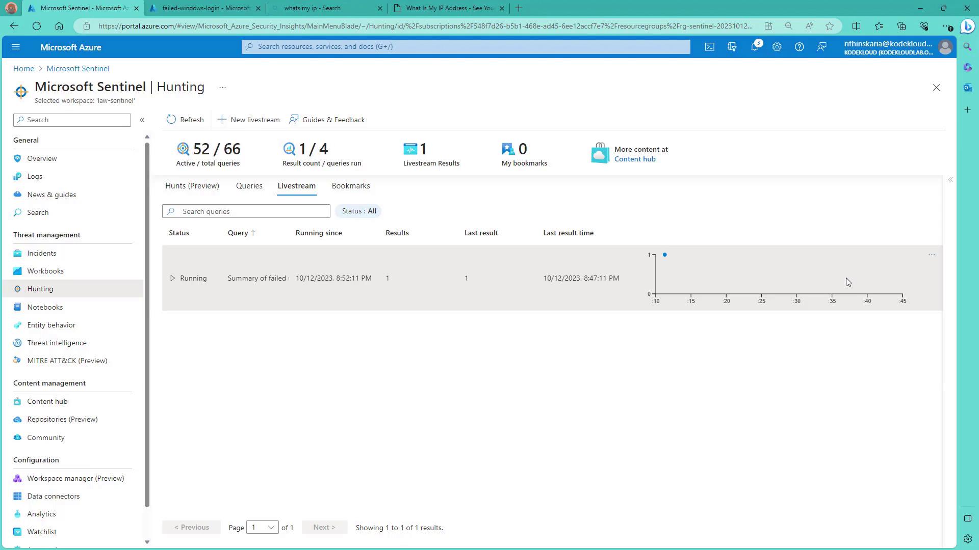 The image shows the Microsoft Sentinel interface on Azure, specifically the "Hunting" section, displaying active queries and a livestream of query results.
