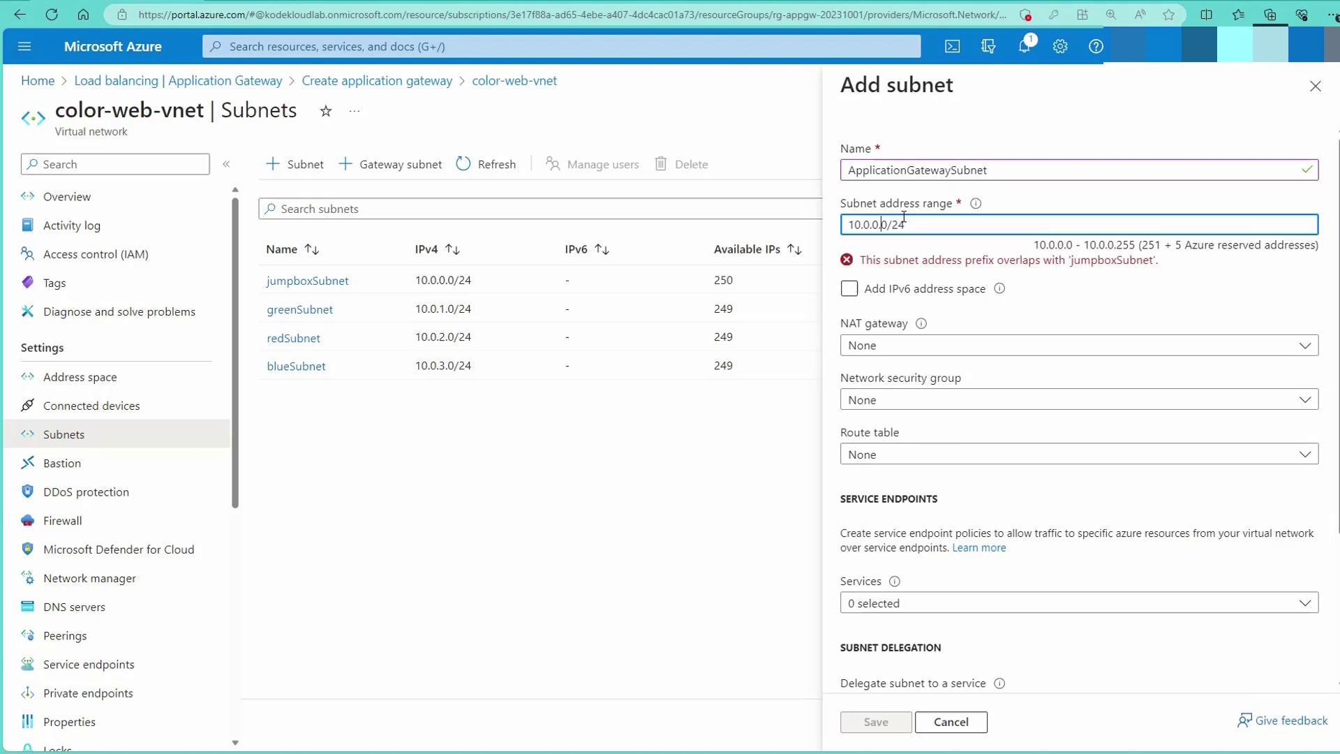 The image shows a Microsoft Azure portal interface where a user is attempting to add a new subnet named "ApplicationGatewaySubnet" to a virtual network. An error message indicates that the subnet address range overlaps with an existing subnet called "jumpboxSubnet."