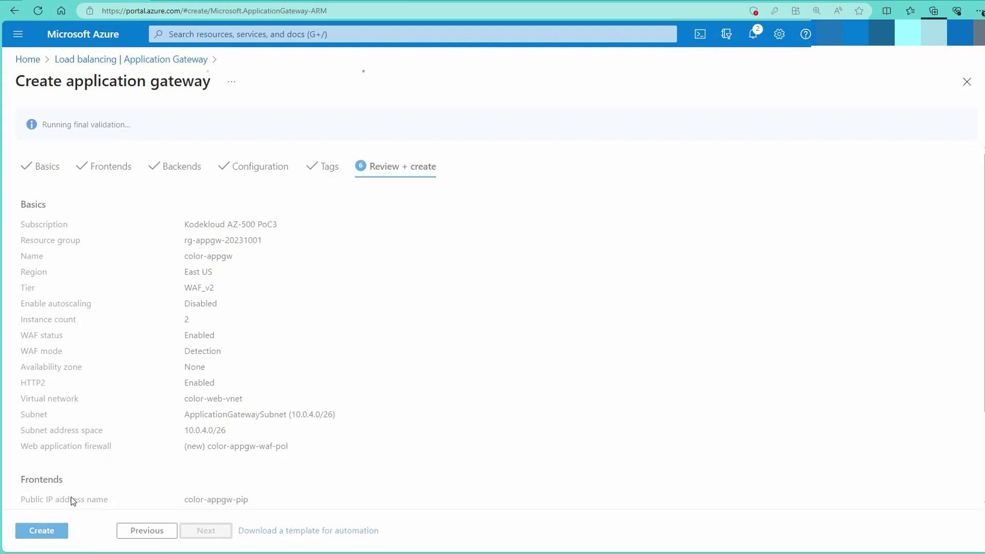 The image shows a Microsoft Azure portal page for creating an application gateway, displaying configuration details such as subscription, resource group, region, and WAF status. The "Create" button is visible at the bottom.