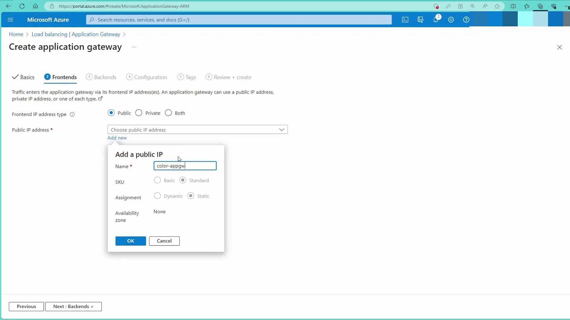 The image shows a Microsoft Azure portal interface for creating an application gateway, specifically focusing on adding a public IP address. A dialog box is open for entering details like the name, SKU, and assignment type for the public IP.