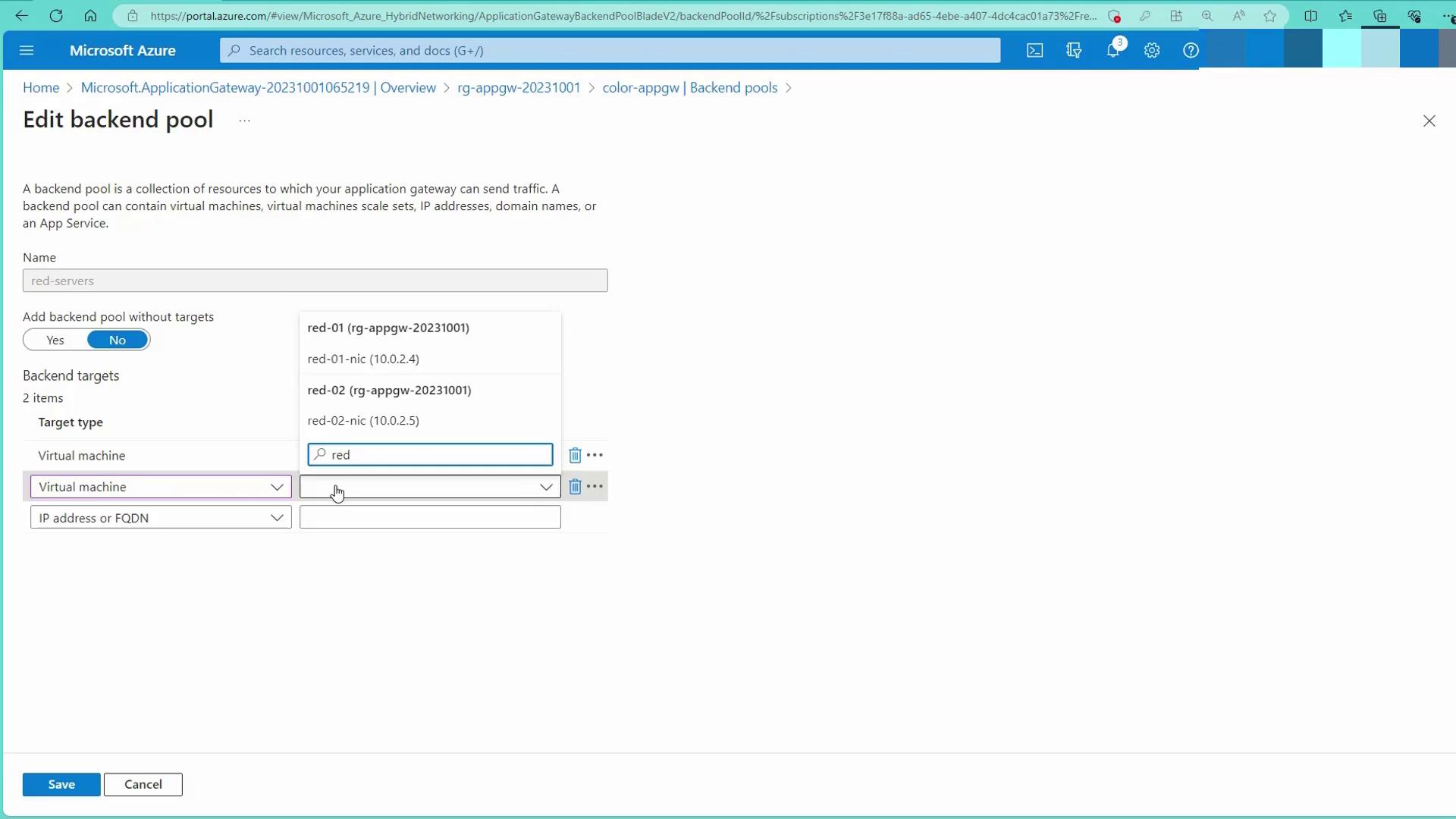 The image shows a Microsoft Azure portal interface for editing a backend pool, with options to add virtual machines or IP addresses as backend targets.