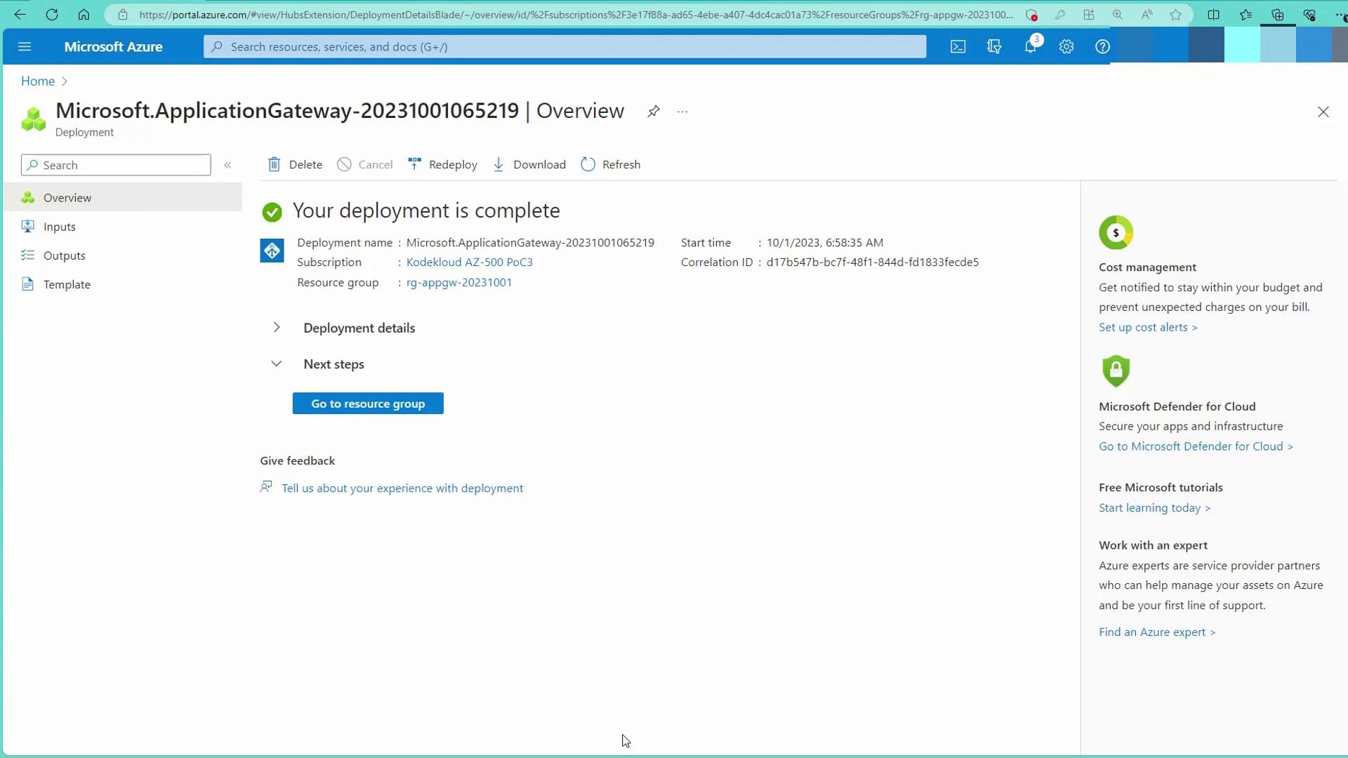 The image shows a Microsoft Azure portal page indicating that a deployment named "Microsoft.ApplicationGateway-20231001065219" is complete. It includes details like the subscription, resource group, and start time, with options for further actions and feedback.