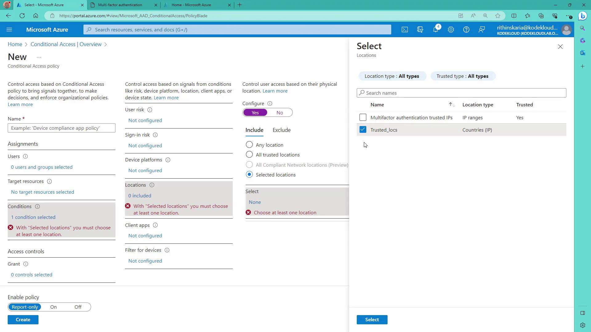 The image shows a Microsoft Azure Conditional Access policy configuration screen, where a user is setting up access controls and selecting trusted locations.