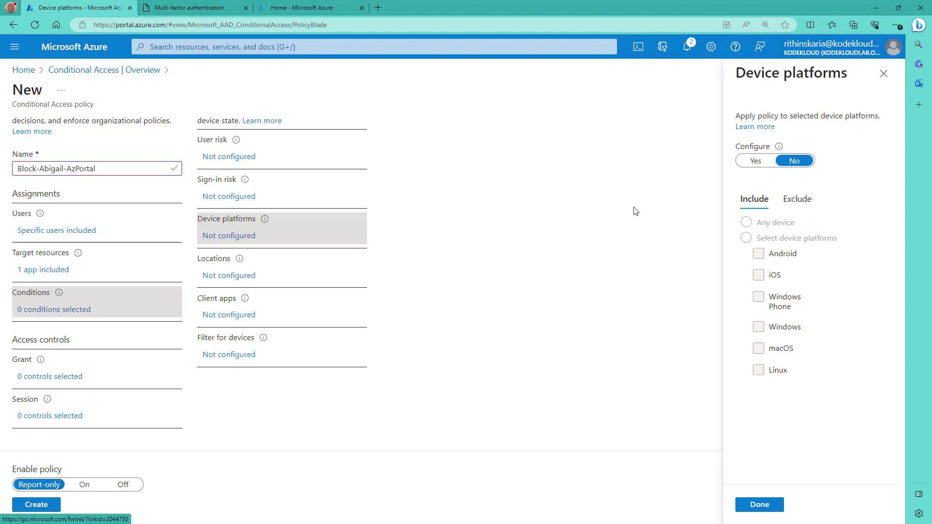 The image shows a Microsoft Azure Conditional Access policy configuration screen, where a new policy named "Block-Abigail-AzPortal" is being set up with options for device platforms and other conditions.