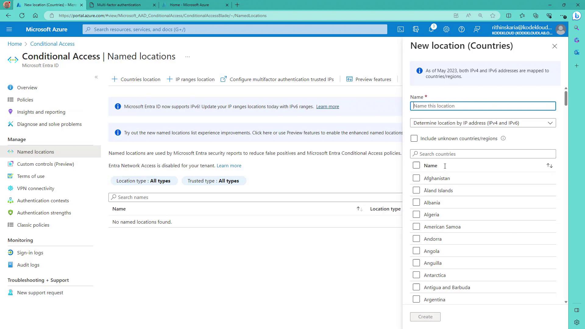 The image shows a Microsoft Azure portal interface for configuring conditional access named locations, with options to select countries and determine location by IP address. A sidebar lists various countries for selection.