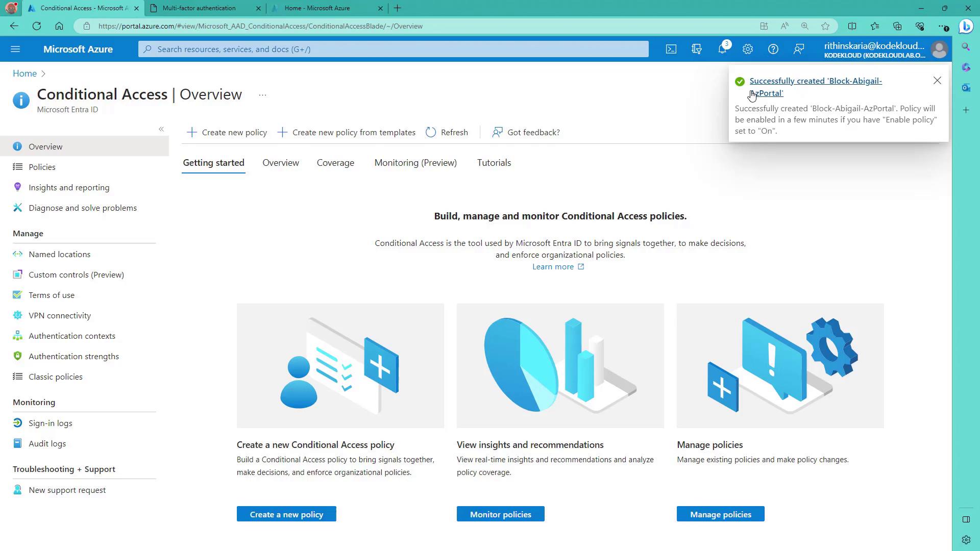 The image shows the Microsoft Azure Conditional Access overview page, featuring options to create new policies, view insights, and manage existing policies.