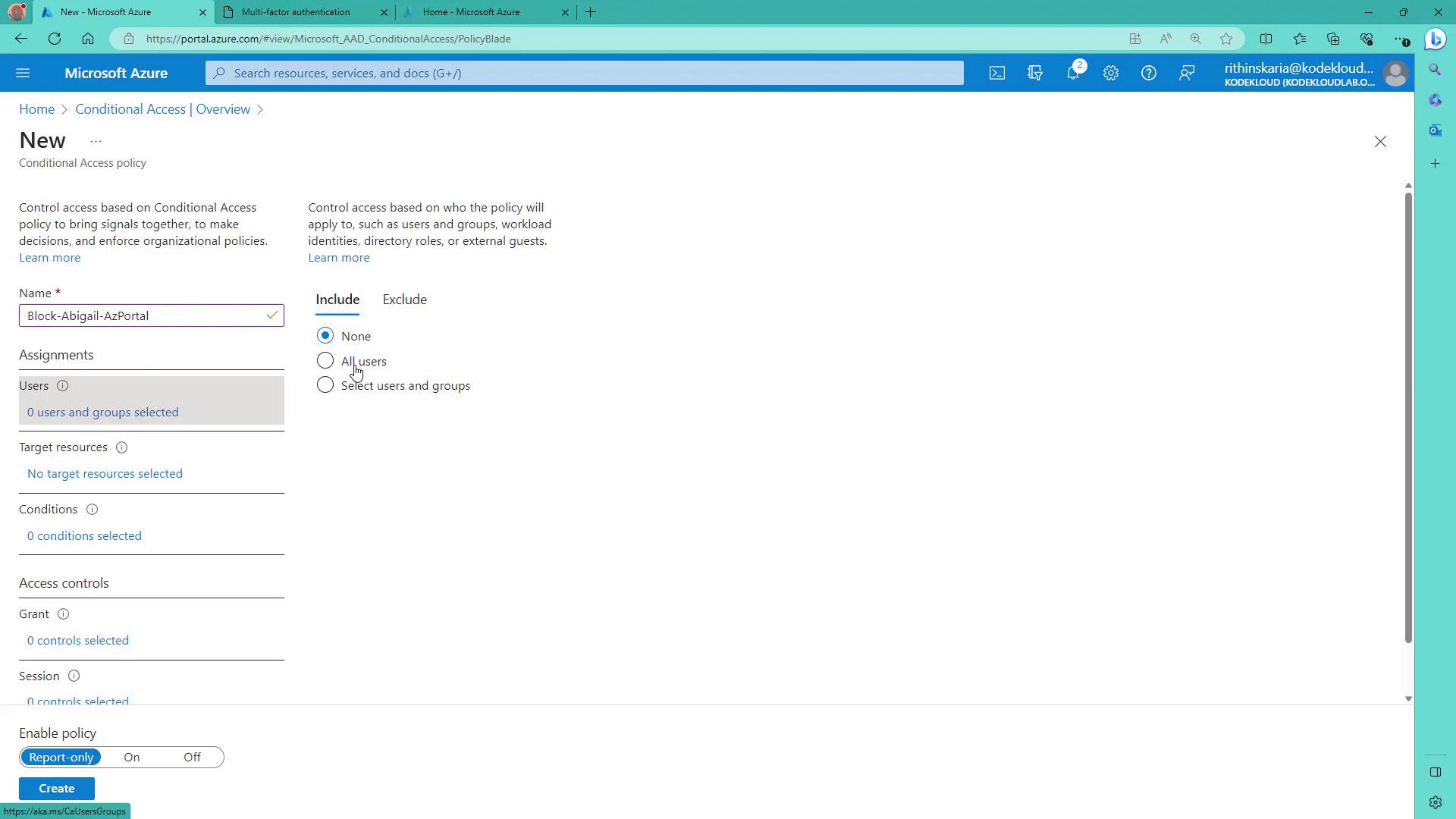 The image shows a Microsoft Azure portal screen for creating a new Conditional Access policy. It includes options for naming the policy, assigning users, and selecting conditions and access controls.