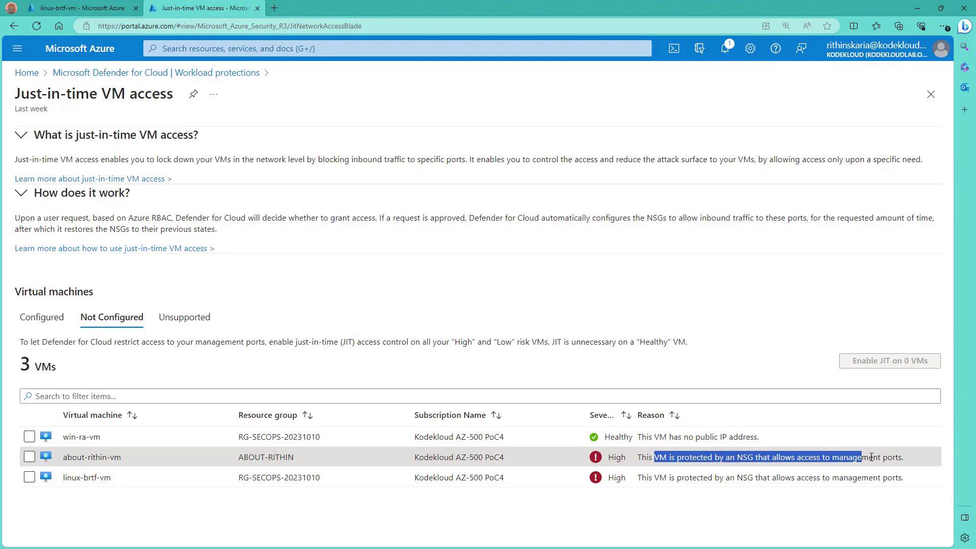 The image shows a Microsoft Azure portal page for "Just-in-time VM access," displaying a list of virtual machines with their configuration status and security details. It highlights the importance of enabling JIT access to restrict management port access for VMs.