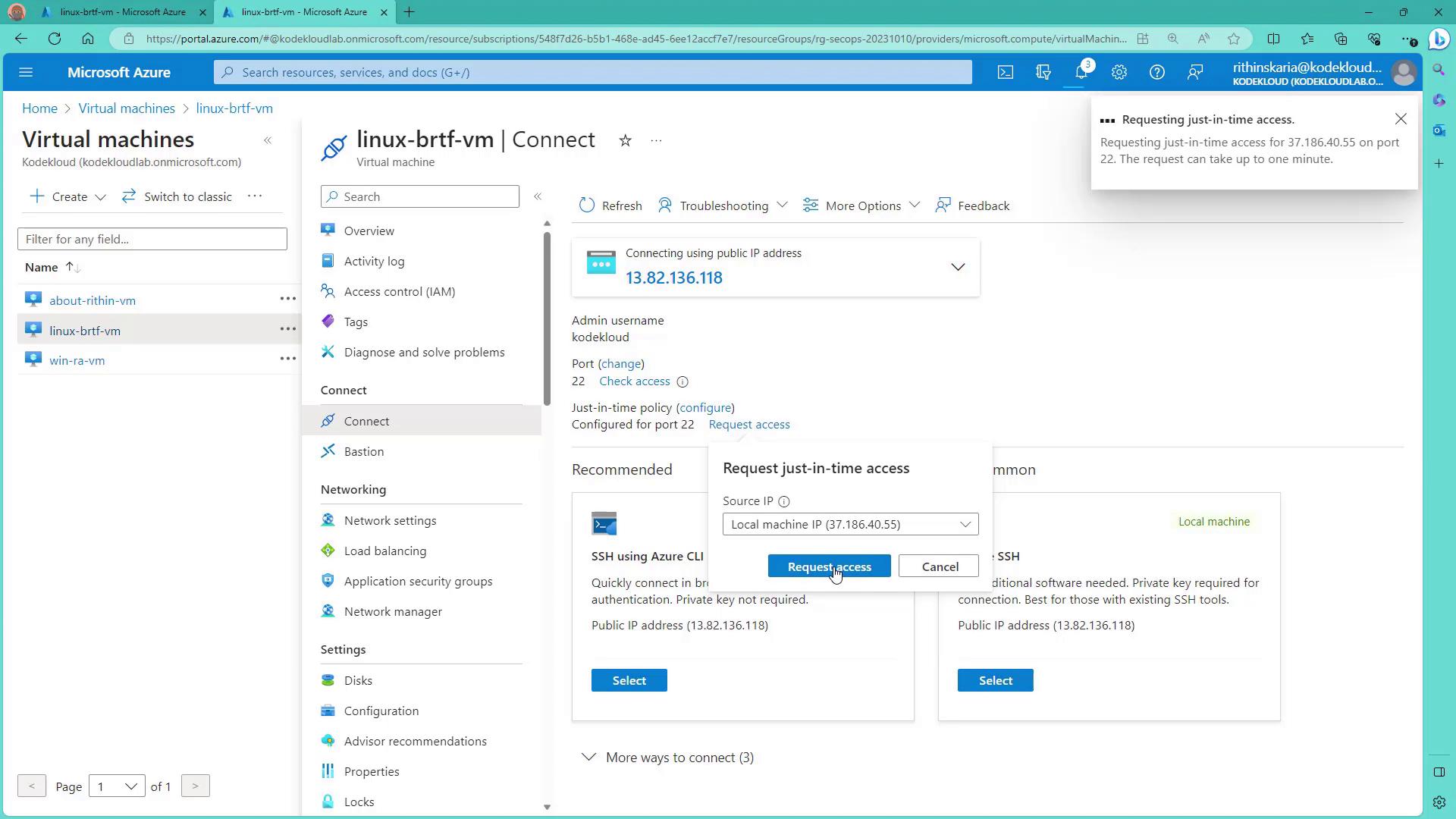 The image shows a Microsoft Azure portal interface for managing virtual machines, specifically focusing on connecting to a virtual machine named "linux-brtf-vm" using just-in-time access.