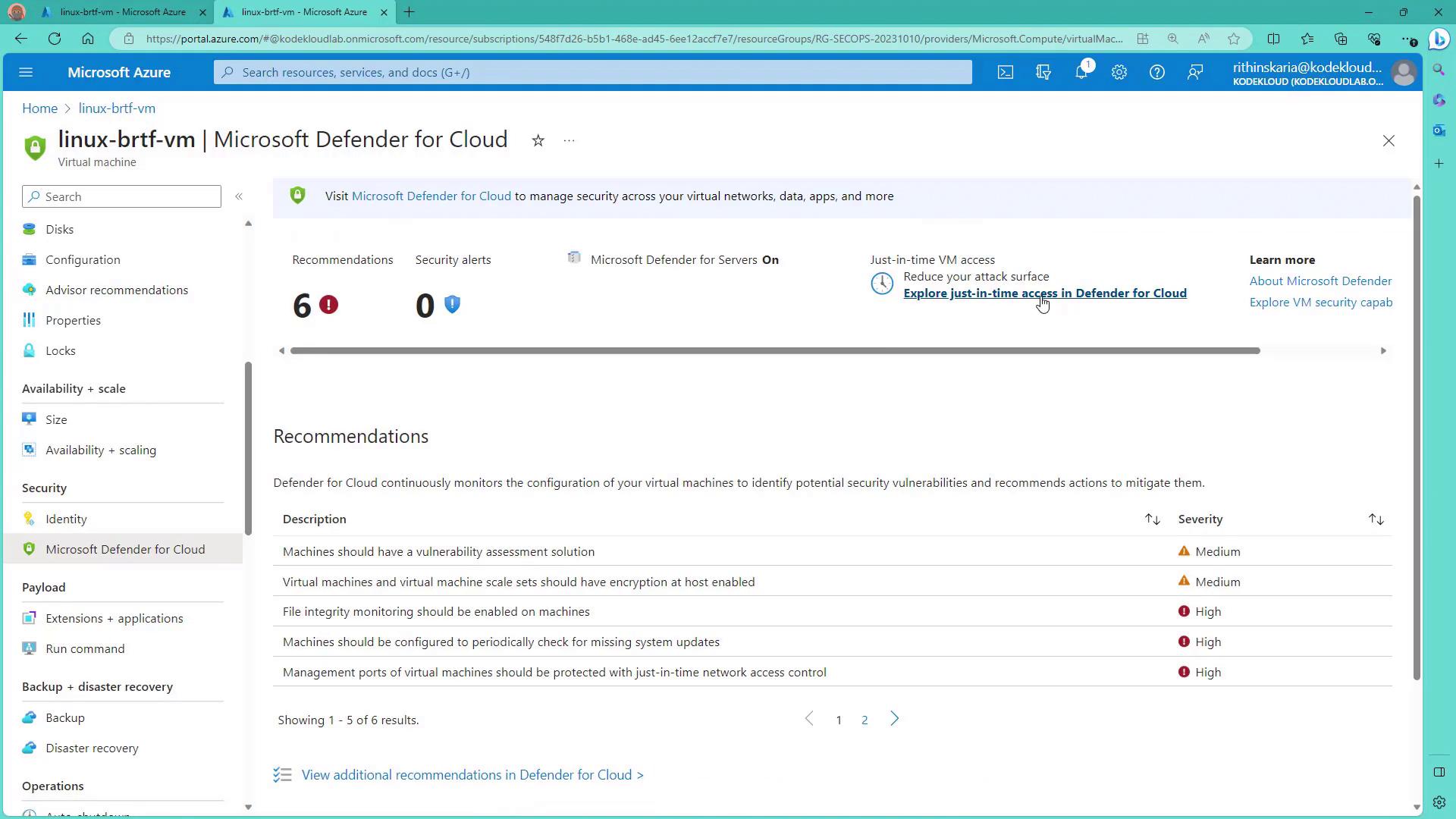 The image shows a Microsoft Azure portal screen for a virtual machine, displaying security recommendations from Microsoft Defender for Cloud. It lists six recommendations with varying severity levels to enhance security.