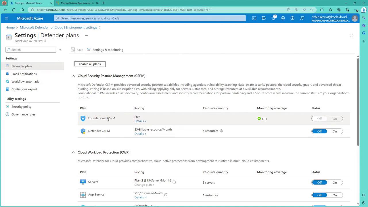 The image shows the Microsoft Azure portal's "Defender plans" settings page, detailing Cloud Security Posture Management (CSPM) and Cloud Workload Protection (CWP) plans, including pricing, resource quantity, and monitoring coverage options.
