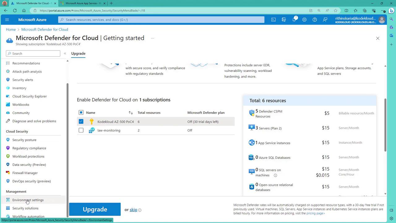 The image shows the Microsoft Azure portal interface for Microsoft Defender for Cloud, displaying subscription details and resource costs. It includes options for enabling Defender on subscriptions and a breakdown of resources and their associated costs.