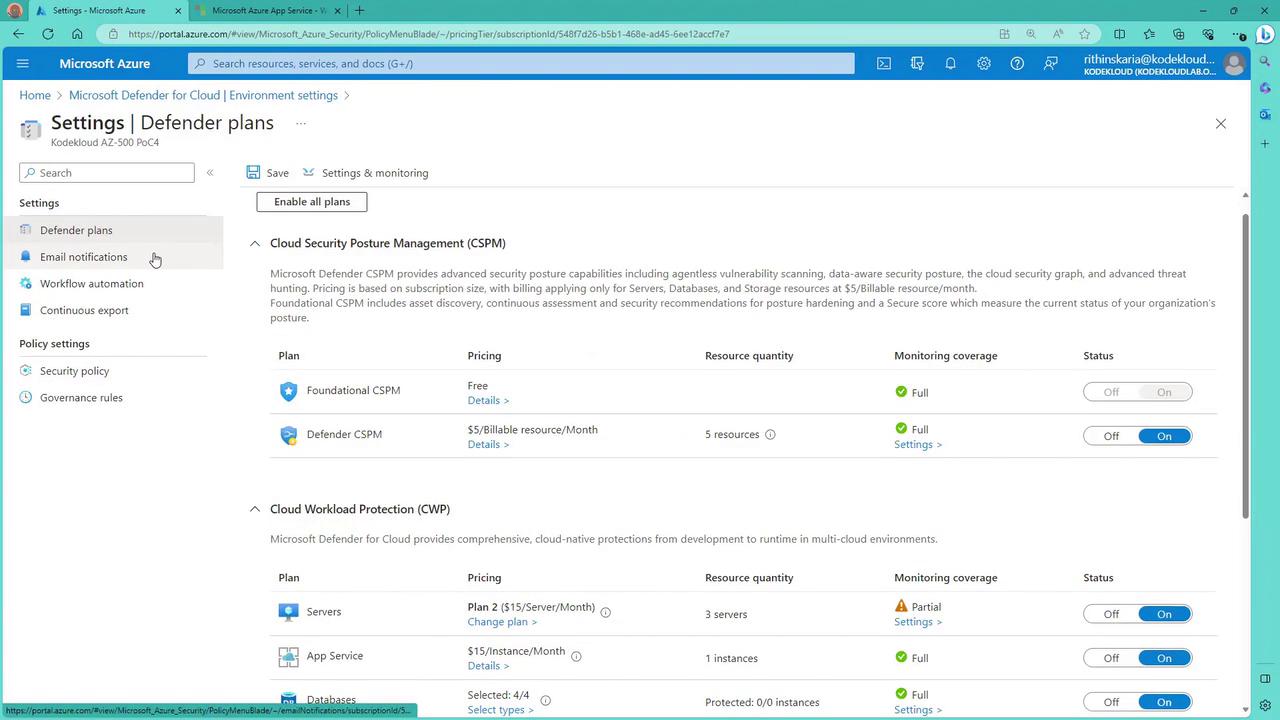 The image shows a Microsoft Azure portal page displaying settings for Defender plans, including Cloud Security Posture Management (CSPM) and Cloud Workload Protection (CWP) with details on plans, pricing, resource quantity, and monitoring coverage.