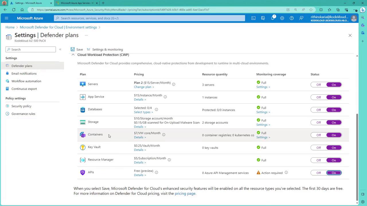 The image shows the Microsoft Azure portal displaying the "Defender plans" settings for cloud workload protection, detailing various plans, pricing, resource quantities, monitoring coverage, and status options.