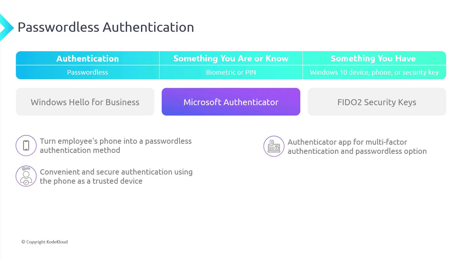 The image is an infographic about passwordless authentication methods, highlighting Windows Hello for Business, Microsoft Authenticator, and FIDO2 Security Keys. It describes using a phone as a passwordless authentication method and the benefits of secure authentication.