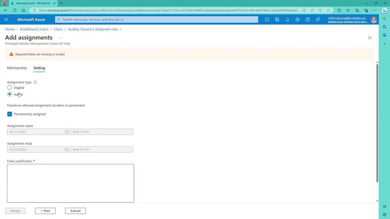 The image shows a Microsoft Azure portal interface for adding assignments in Privileged Identity Management. It includes options for assignment type, duration, and justification.
