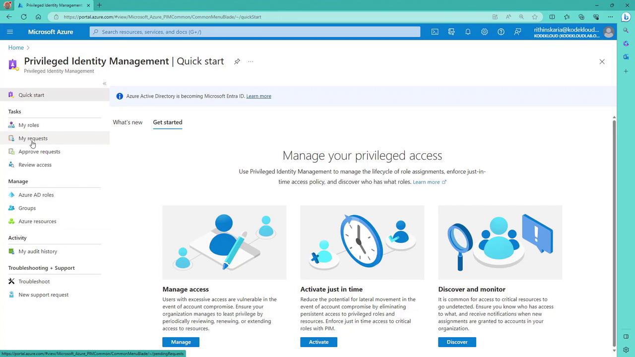 The image shows a Microsoft Azure Privileged Identity Management dashboard, highlighting options for managing access, activating just-in-time access, and discovering and monitoring roles. It includes a sidebar with tasks and management options.