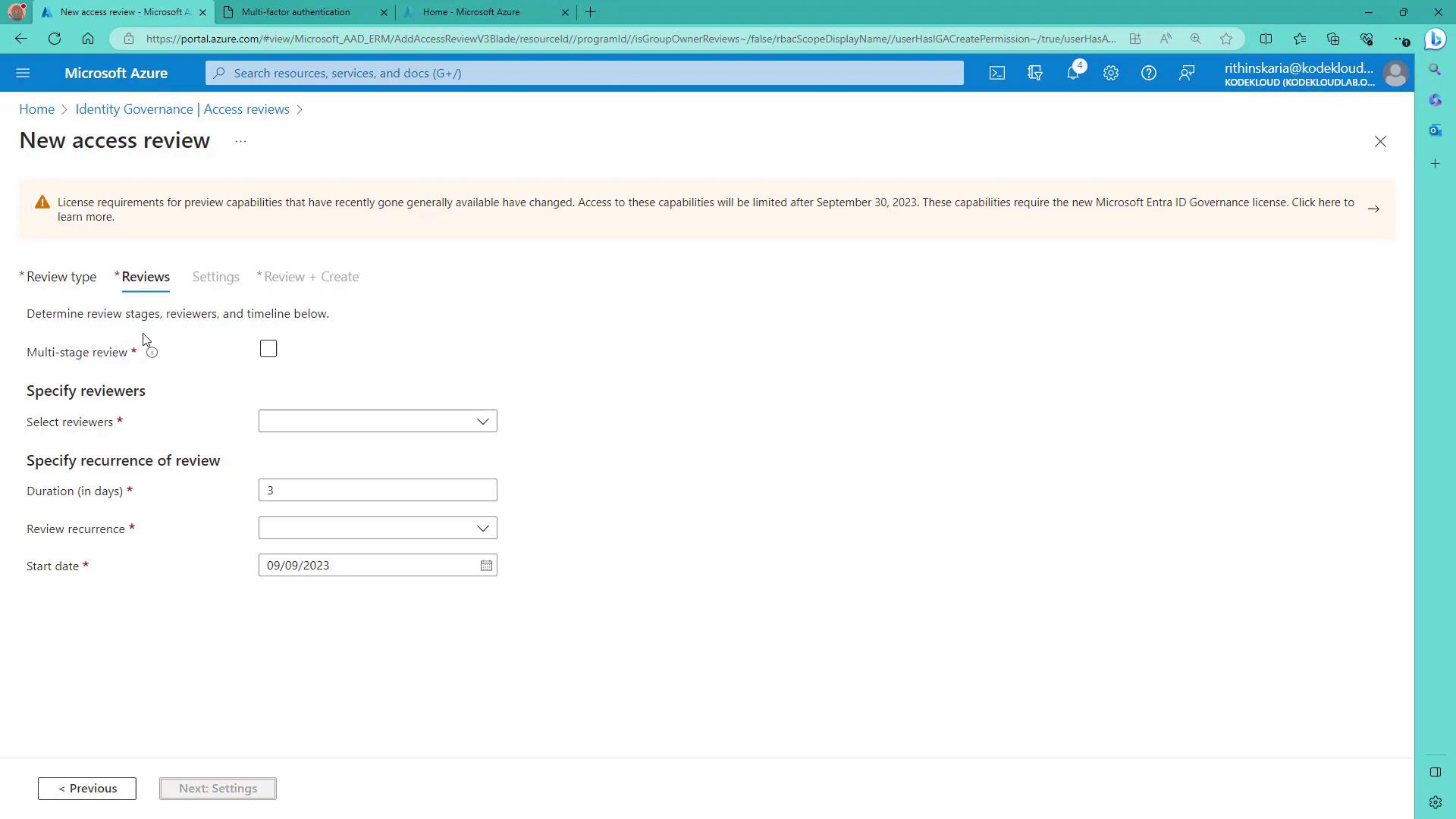 The image shows a Microsoft Azure interface for setting up a new access review, where users can specify reviewers, review duration, and recurrence. A warning about license requirements for preview capabilities is also displayed.