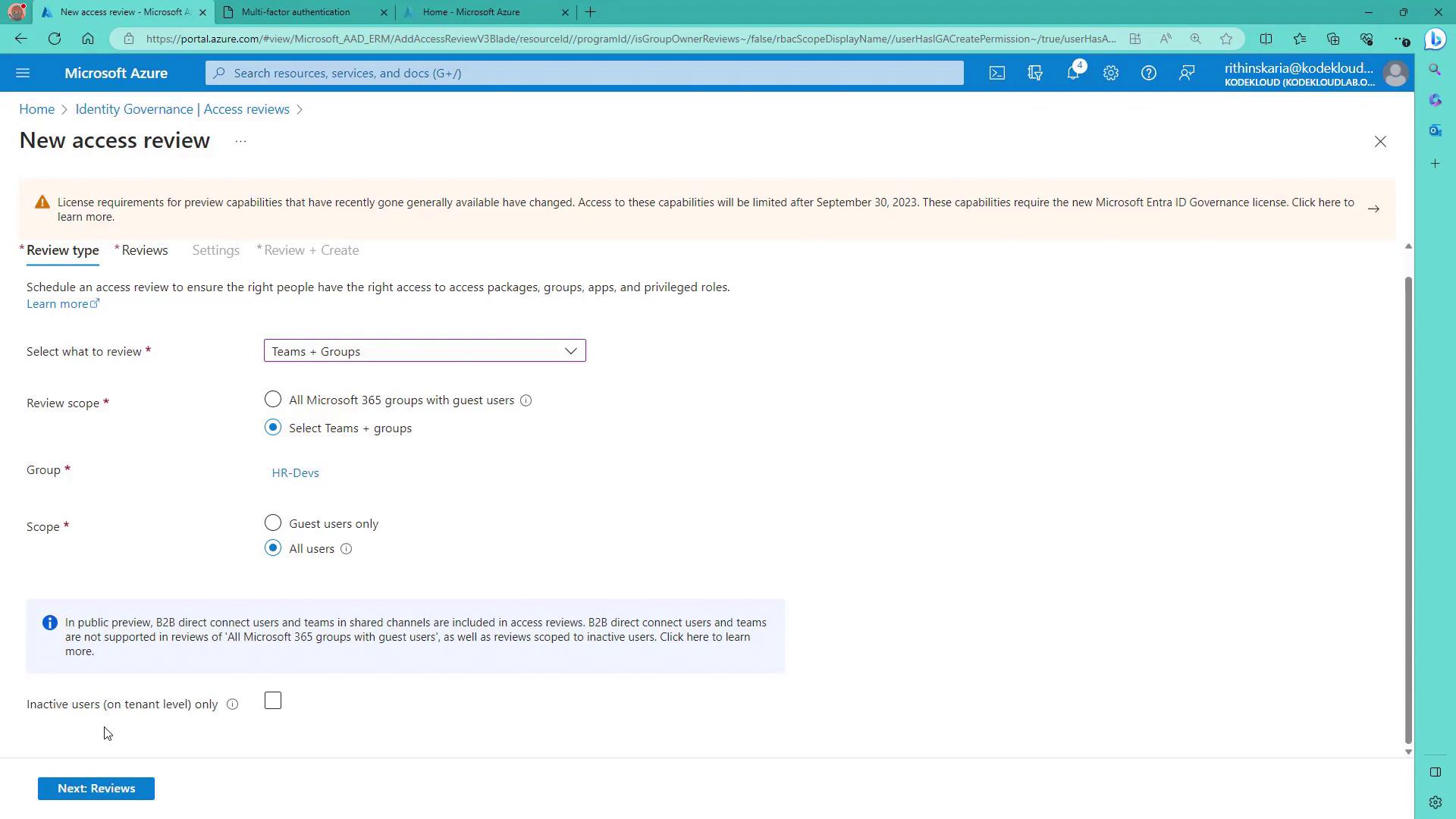The image shows a Microsoft Azure interface for setting up a new access review, with options to select review type, scope, and group settings. A warning about license requirements for preview capabilities is also displayed.