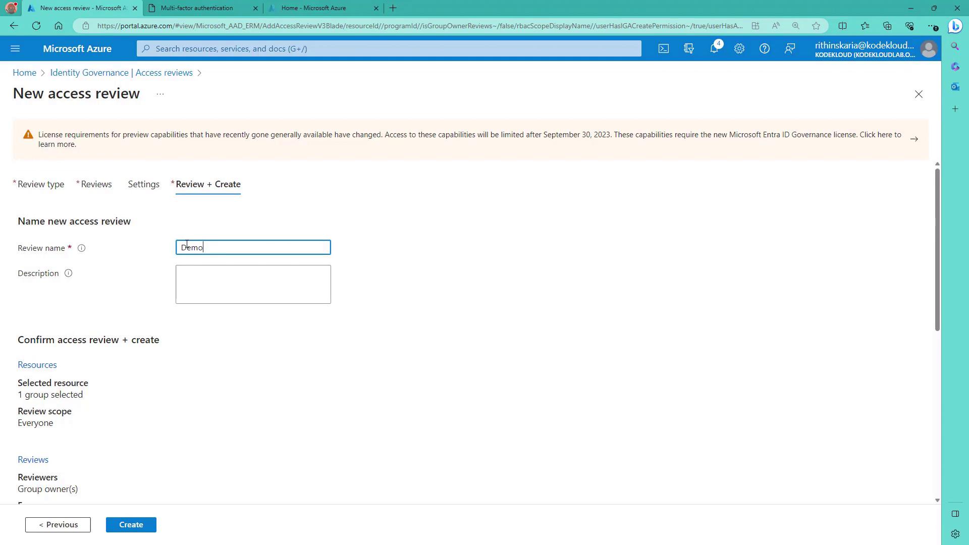 The image shows a Microsoft Azure portal page for creating a new access review, with fields for naming the review and confirming details. A warning about license requirements for preview capabilities is also displayed.