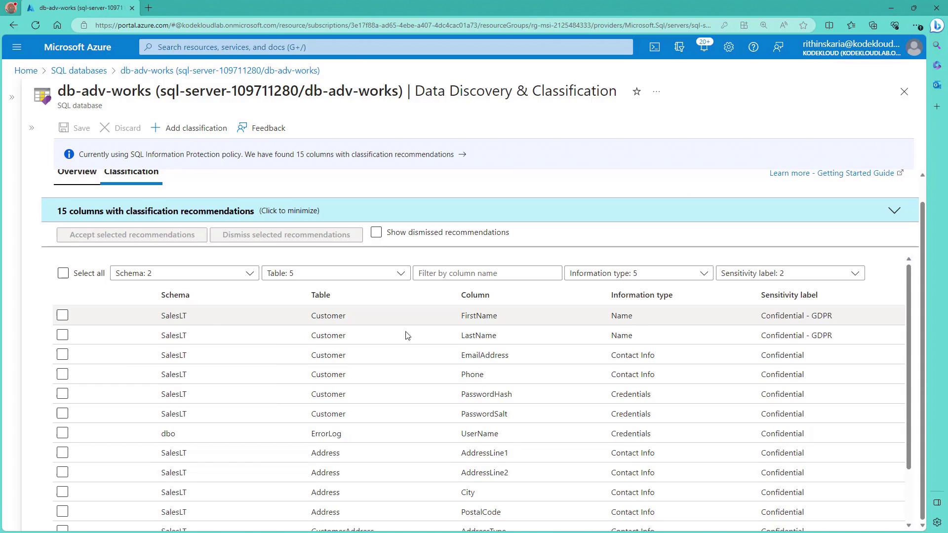 The image shows a Microsoft Azure portal screen displaying data discovery and classification recommendations for a SQL database, listing columns with their information types and sensitivity labels.
