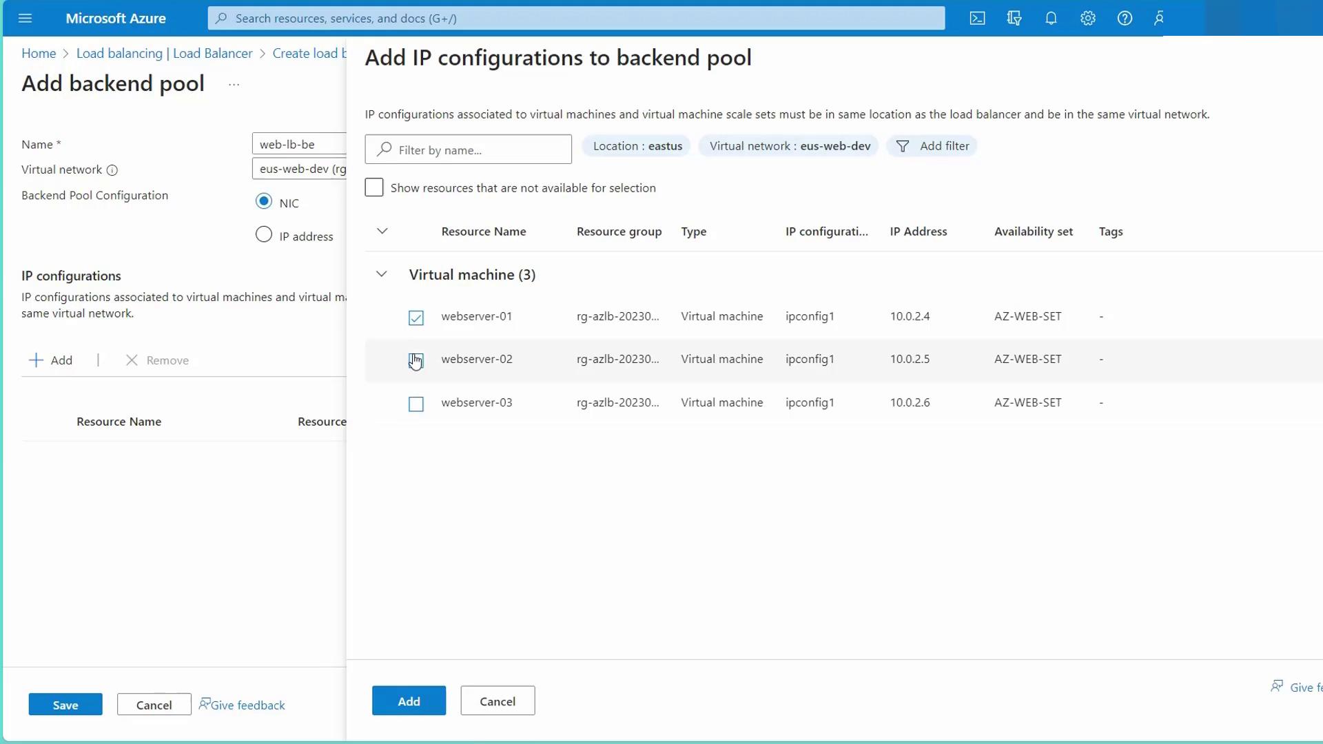 The image shows a Microsoft Azure interface for adding IP configurations to a backend pool, with a list of virtual machines and their details.