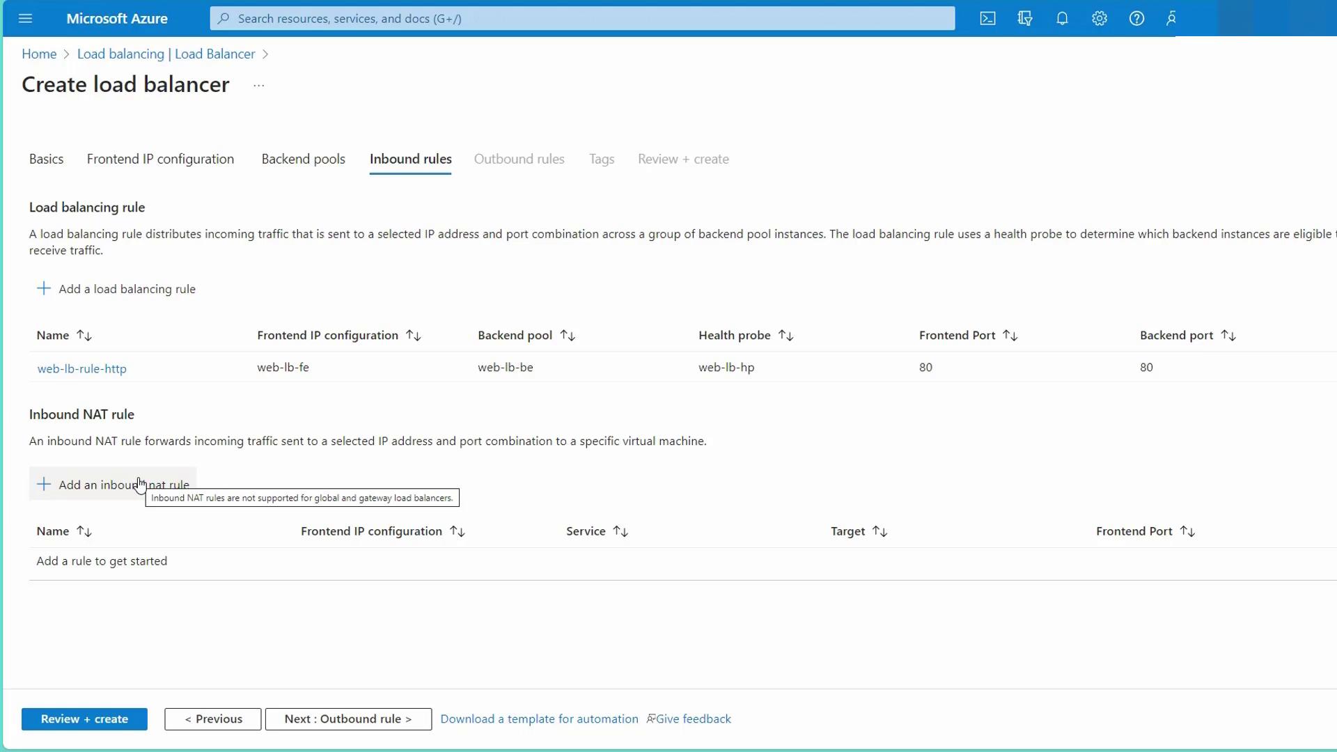 The image shows a Microsoft Azure interface for creating a load balancer, specifically focusing on configuring inbound rules, including load balancing and NAT rules.