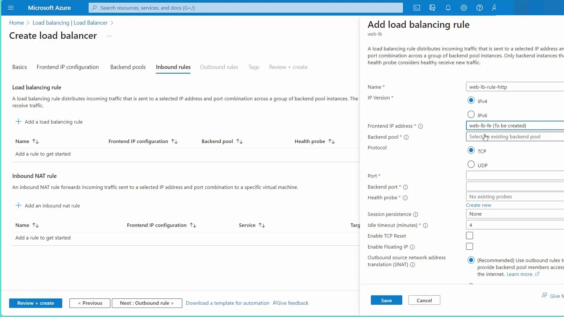 The image shows a Microsoft Azure interface for creating a load balancer, with options to add load balancing and inbound NAT rules. The right panel displays settings for adding a load balancing rule, including fields for name, IP version, frontend IP address, and protocol.