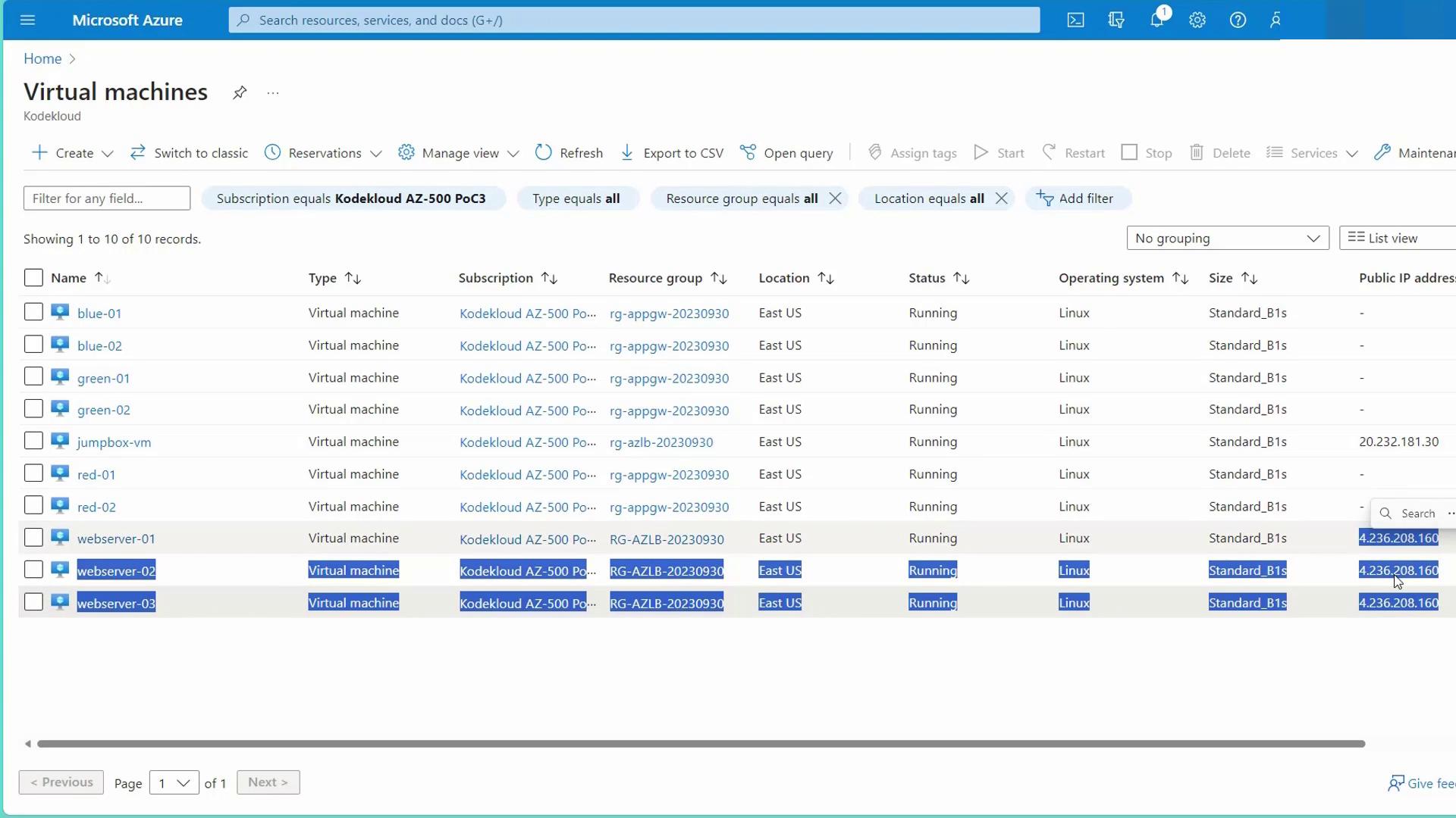 The image shows a Microsoft Azure portal displaying a list of virtual machines, all running Linux, with details such as name, type, subscription, location, status, and public IP address.