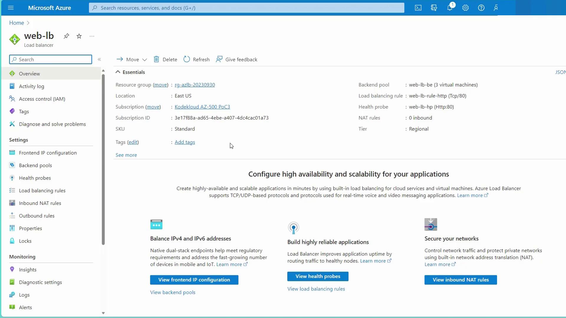 The image shows the Microsoft Azure portal interface for managing a load balancer, displaying details like resource group, location, and configuration options.