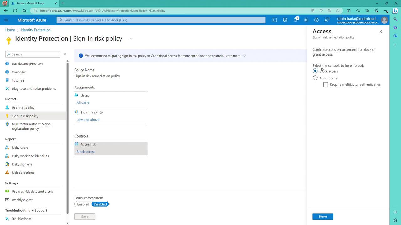 The image shows a Microsoft Azure portal screen displaying the "Sign-in risk policy" settings under "Identity Protection." It includes options for policy assignments, controls, and access enforcement settings.