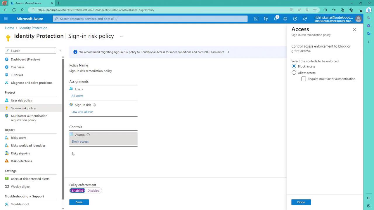 The image shows a Microsoft Azure portal screen for configuring a "Sign-in risk policy" under Identity Protection, with options to block or allow access and require multifactor authentication.
