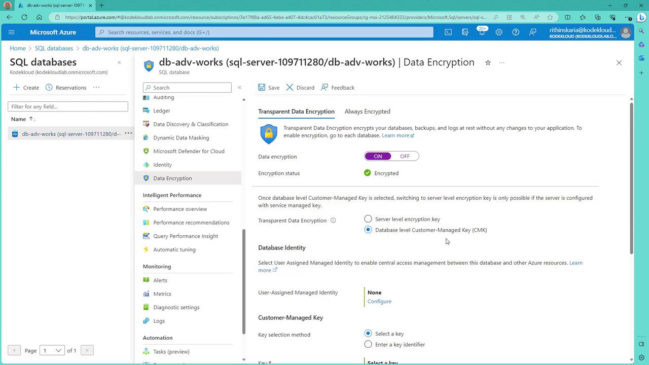 The image shows a Microsoft Azure portal interface focused on SQL database settings, specifically the "Data Encryption" section, where Transparent Data Encryption is enabled.