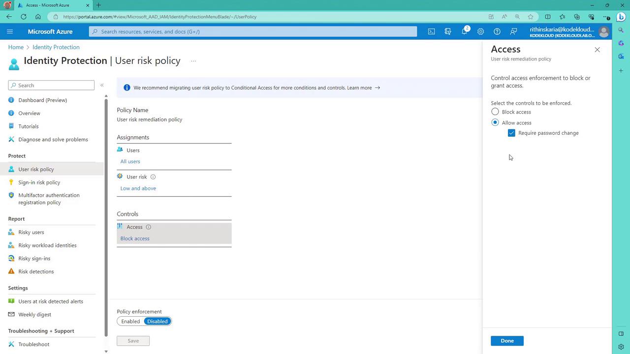 The image shows a Microsoft Azure portal screen displaying the "Identity Protection | User risk policy" settings. It includes options for user assignments, risk levels, and access controls, with a focus on requiring a password change.