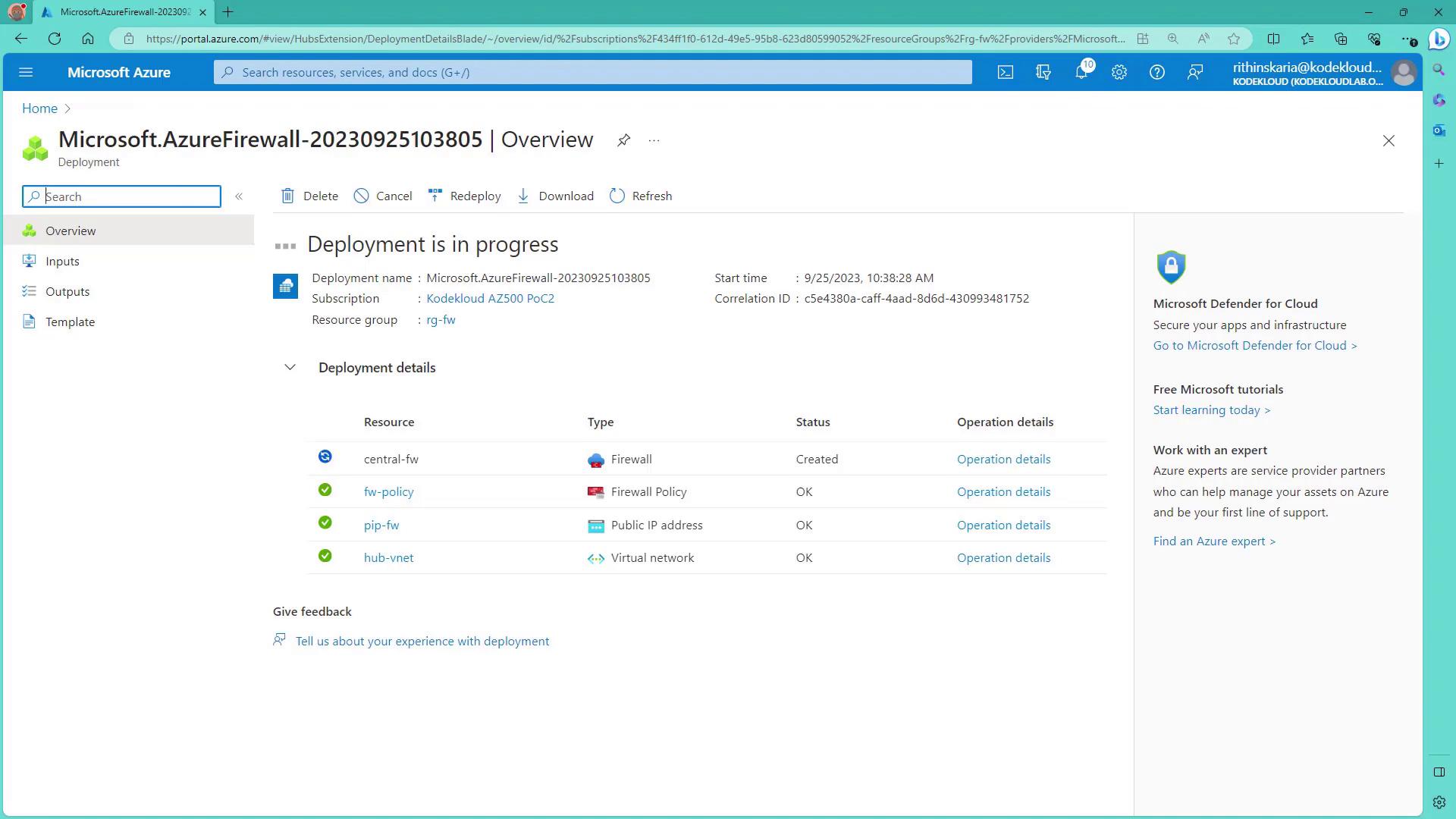 The image shows a Microsoft Azure portal page displaying the deployment progress of an Azure Firewall, with details about resources like firewall, policy, public IP address, and virtual network. The deployment status indicates that the firewall is created, and other resources are marked as OK.