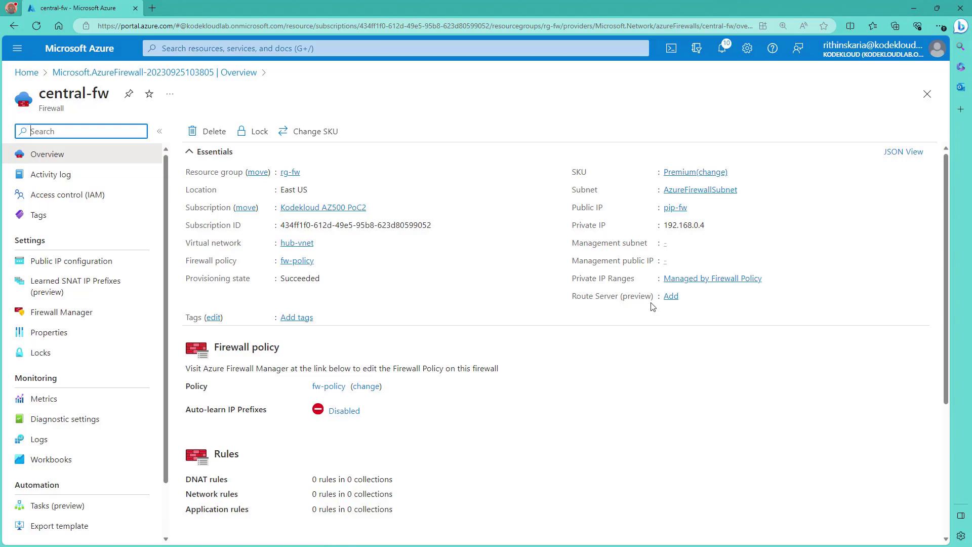 The image shows the Microsoft Azure portal displaying the overview of a firewall named "central-fw," including its settings, policies, and rules.