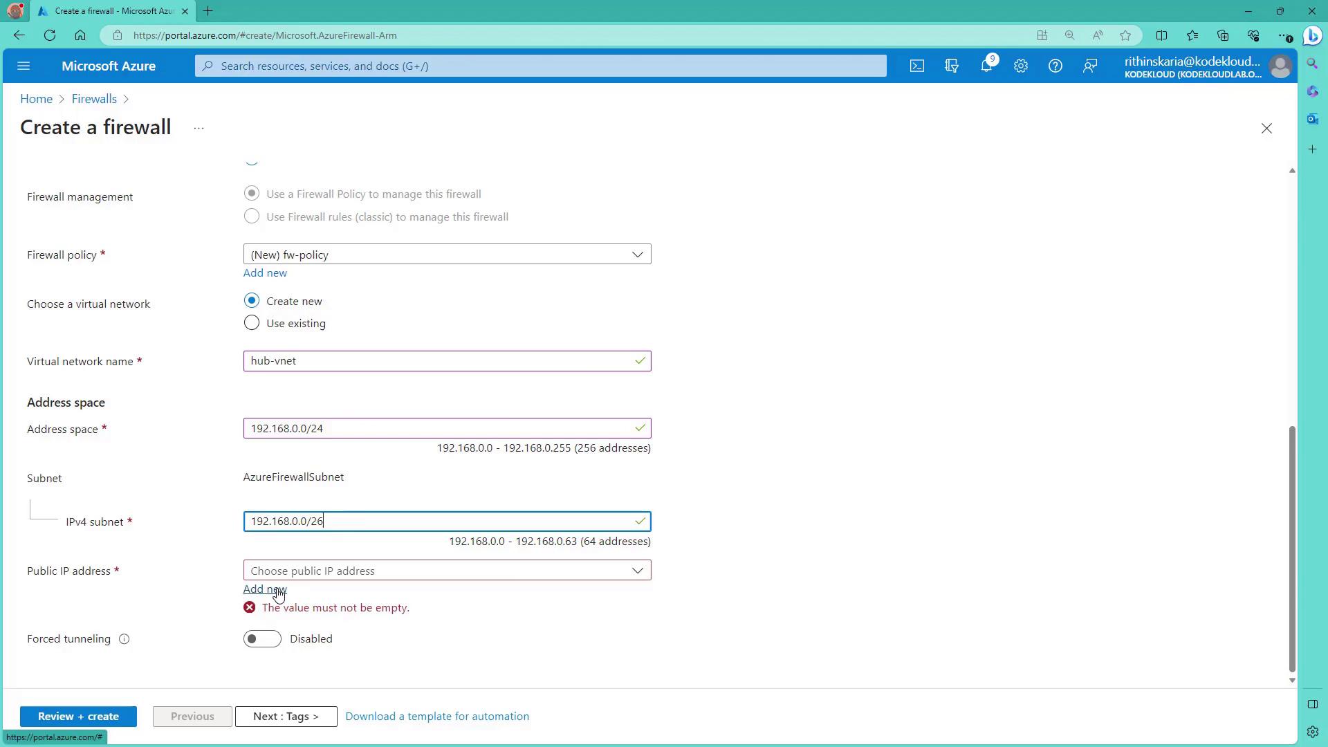 The image shows a Microsoft Azure portal page for creating a firewall, with options to configure firewall policy, virtual network, address space, and subnet settings.