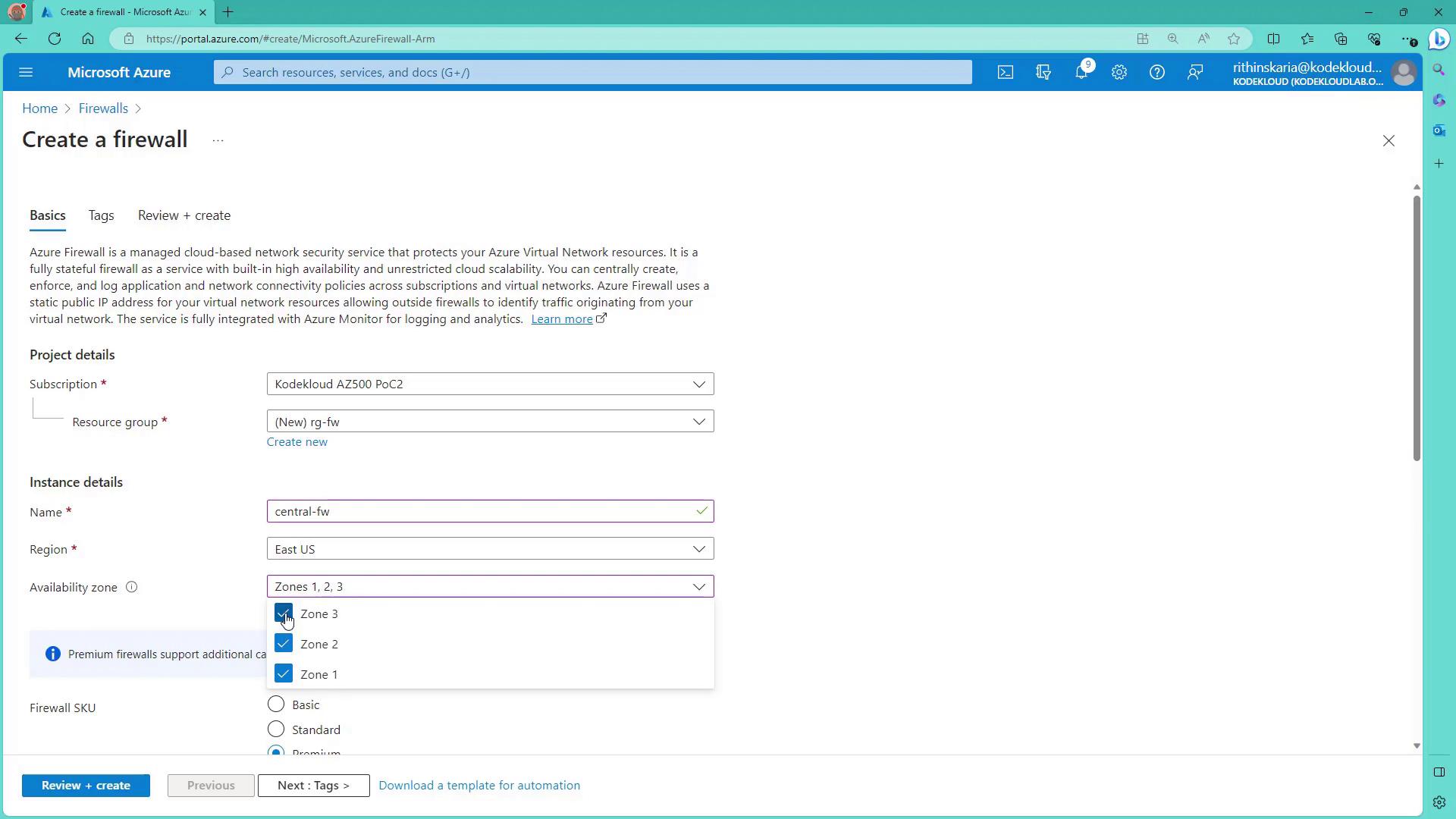 The image shows a Microsoft Azure portal page for creating a firewall, with options to configure project and instance details such as subscription, resource group, name, region, and availability zone.