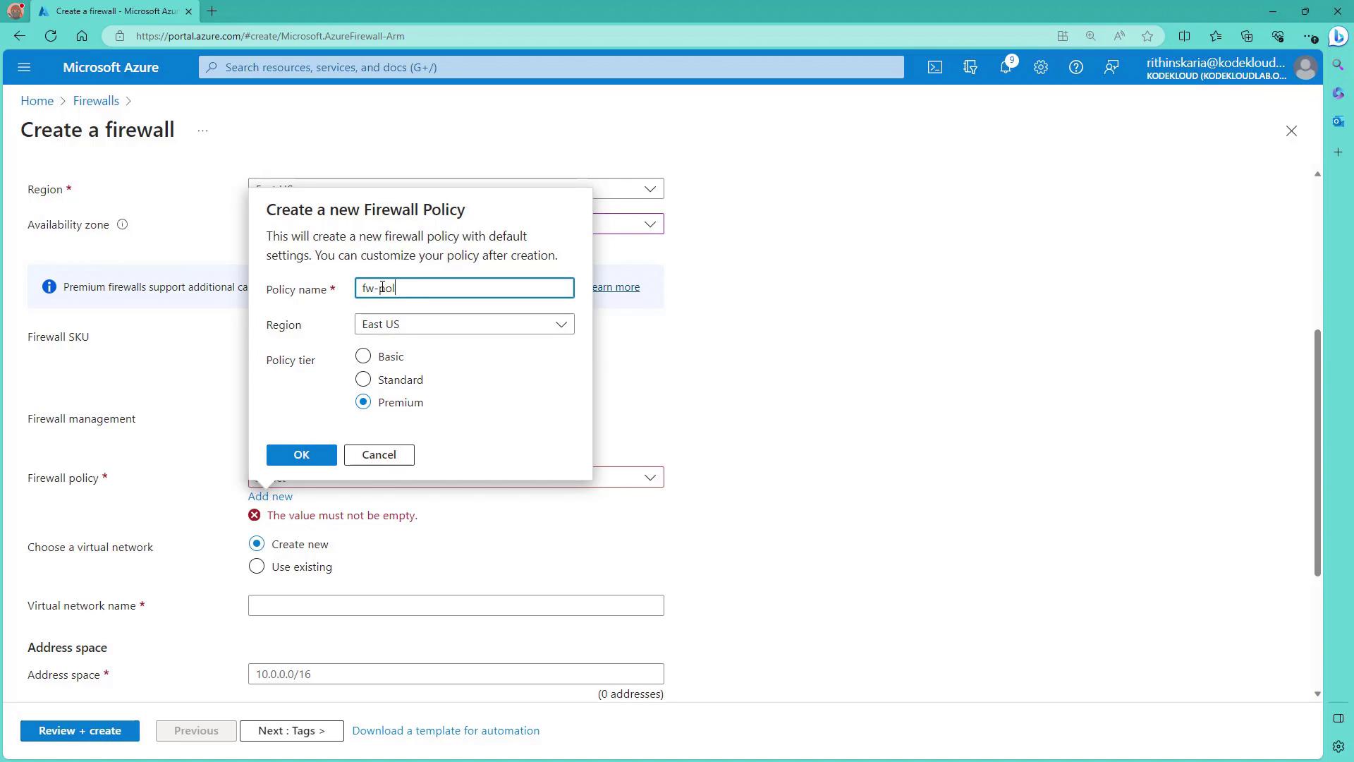 The image shows a Microsoft Azure portal interface for creating a new firewall, with a pop-up window for setting a new firewall policy, including options for policy name, region, and policy tier.