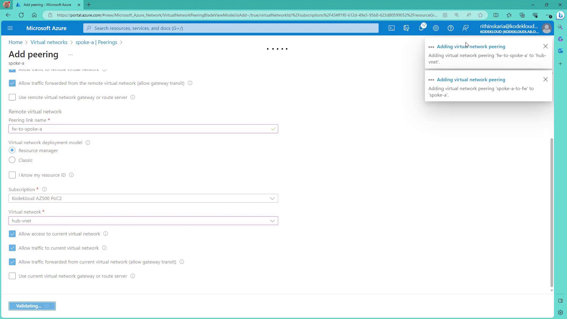 The image shows a Microsoft Azure portal page for adding virtual network peering, with options to configure the peering link name, deployment model, subscription, and virtual network. Notifications about adding virtual network peering are visible on the right.