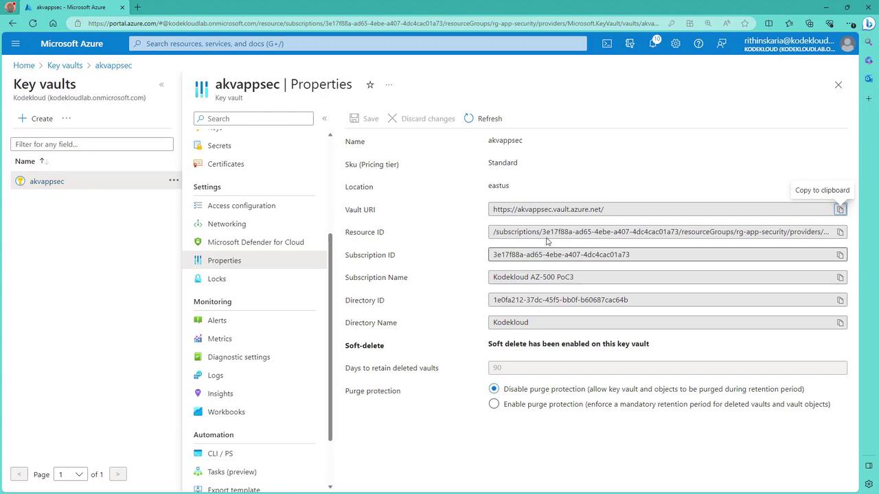 The image shows a Microsoft Azure portal interface displaying the properties of a key vault named "akvappsec," including details like location, subscription ID, and soft-delete settings.