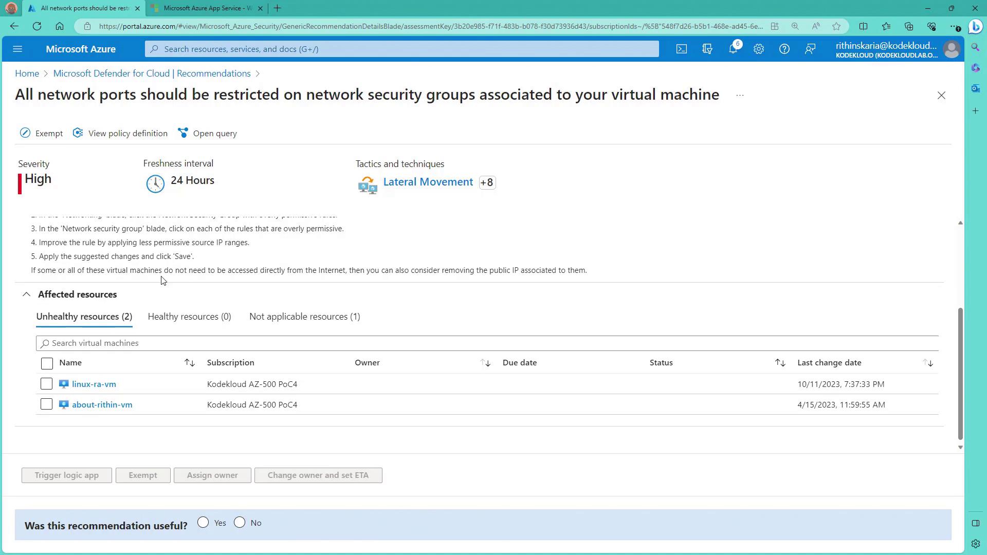 The image shows a Microsoft Azure portal screen with a security recommendation to restrict all network ports on virtual machines. It lists affected resources with details like name, subscription, and last change date.