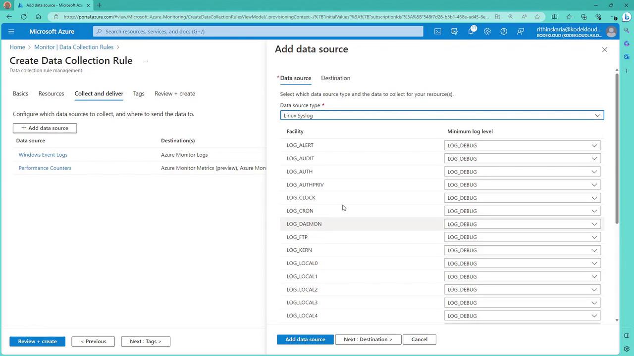 The image shows a Microsoft Azure interface for creating a data collection rule, where a user can add a data source and configure log facilities and minimum log levels for Linux Syslog.