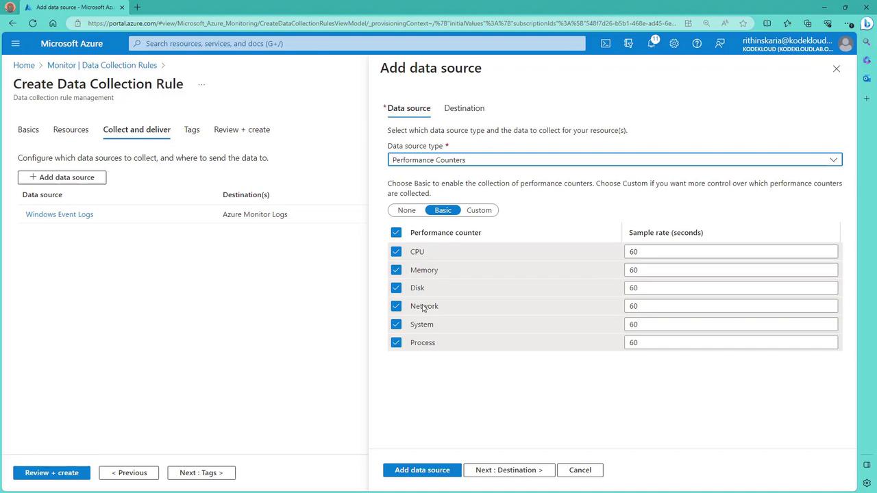 The image shows a Microsoft Azure interface for creating a data collection rule, specifically adding a data source with performance counters like CPU, Memory, and Network, each set to a sample rate of 60 seconds.